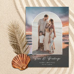 Beach Sunset Painting Seas and Greetings Photo  Holiday Card<br><div class="desc">These beautiful holiday photo cards feature a beach sunset painting in the background and an arch shape photo template. Stylish typography reads, "Seas & Greetings." Easy to personalise. The back is a matching dark teal blue but can be customised, if desired. Add photos or choose white for the back so...</div>
