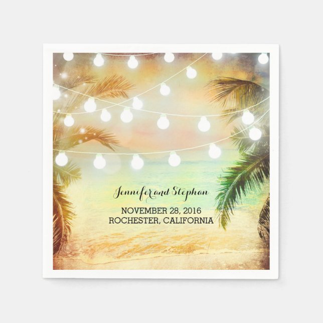 Beach Sunset Palms and String Lights Wedding Napkin (Front)