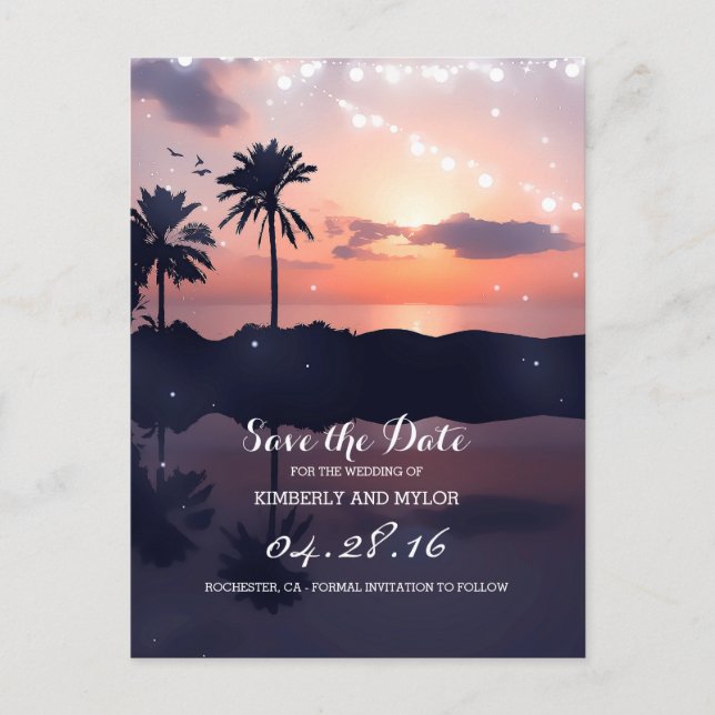 Beach Sunset Palms Save the Date Announcement Postcard (Front)