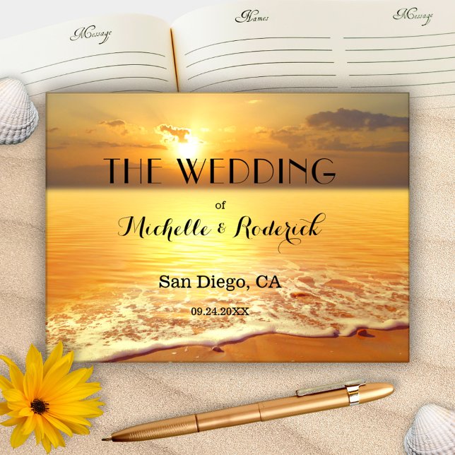 Beach Sunset Personalised Photo Wedding Guest Book (A romantic wedding guest book featuring a painting of a sunset on the beach with your custom photo)
