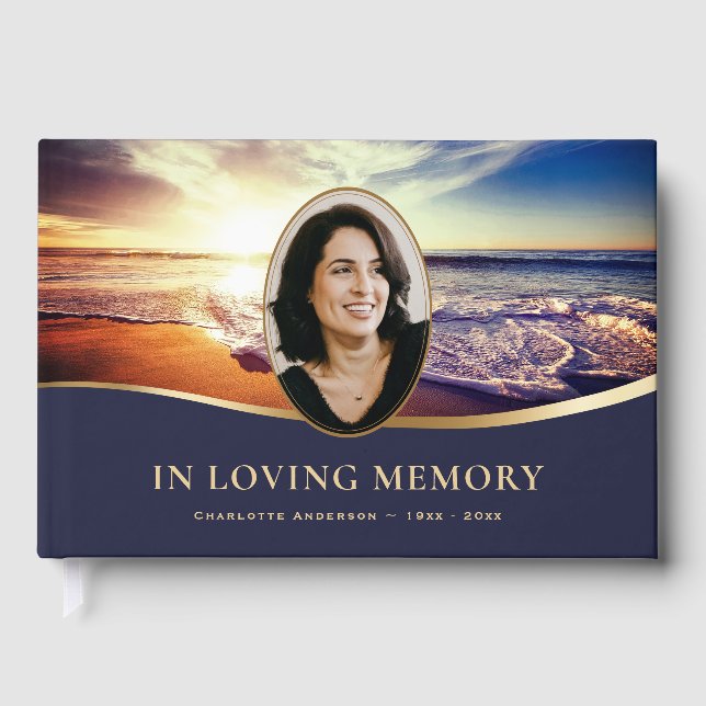 Beach Sunset Photo Funeral Memorial Guest Book (Front)