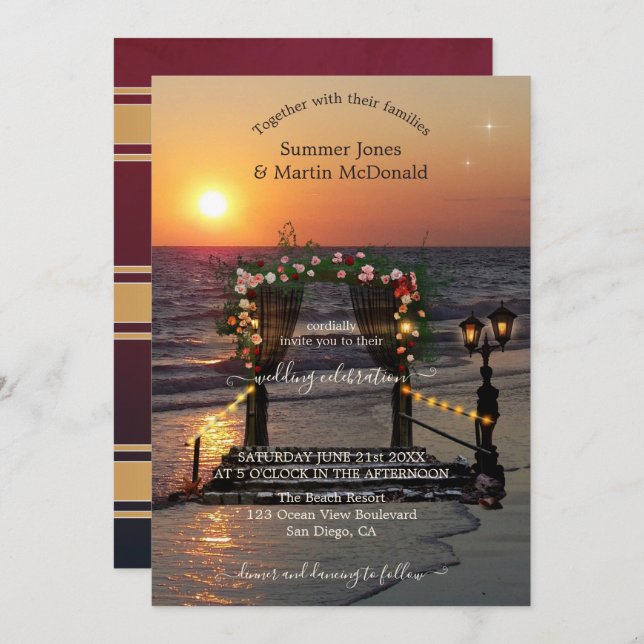Beach Sunset Rose Arbor Wedding Invitation (Front/Back)