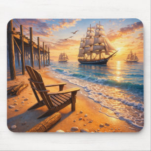 Beach Sunset Sailing Scene Mouse Pad