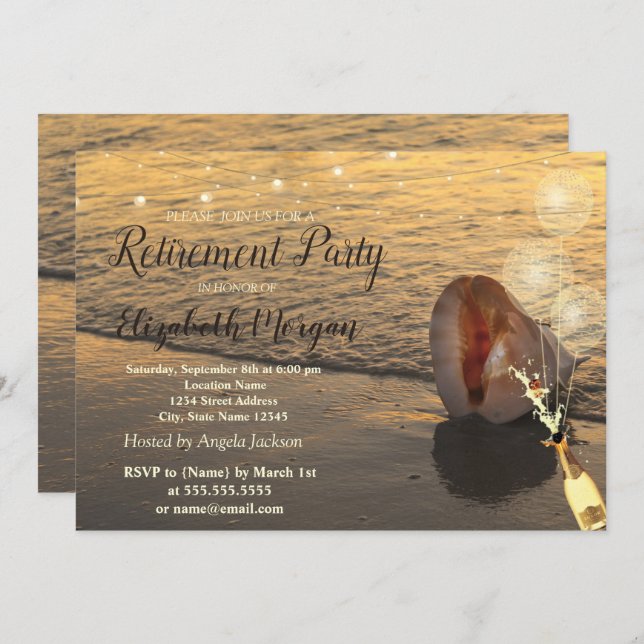 Beach Sunset,Seashell,Balloons,Wine Retirement Invitation (Front/Back)