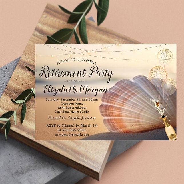 Beach Sunset Seashell,Balloons,Wine Retirement Invitation (Creator Uploaded)