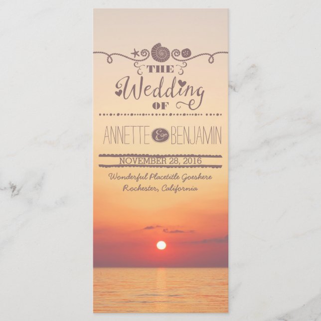 Beach sunset seaside wedding program card (Front)