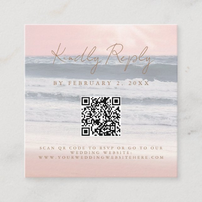 Beach Sunset Seaside Wedding Scan Code RSVP Enclosure Card (Front)