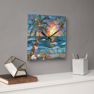 Beach Sunset Stained Glass Wall Clock