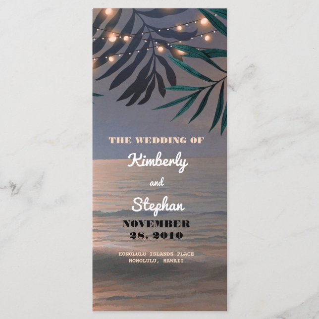 Beach Sunset String Lights Palms Wedding Programs Programme (Front)