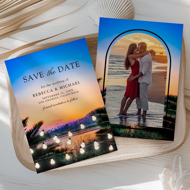 Beach Sunset String Lights Photo Wedding Save The Date (Creator Uploaded)