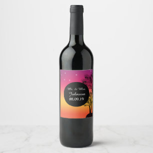 Beach Sunset Tropical Palm Tree Wedding Wine Label