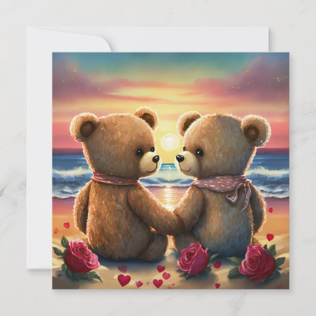 Beach sunset Valentine teddy bears Holiday Card (Front)