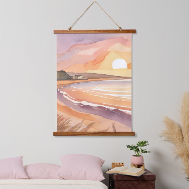 Beach Sunset Watercolor | Beautiful Ocean Painting Hanging Tapestry (Bedroom)