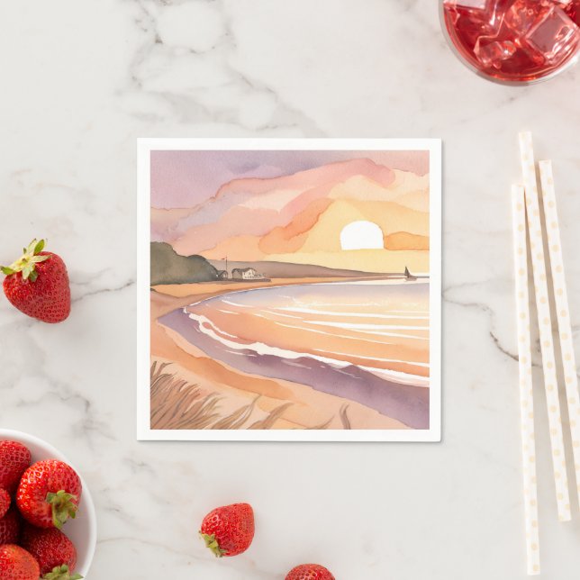 Beach Sunset Watercolor | Beautiful Ocean Painting Napkin (Insitu)