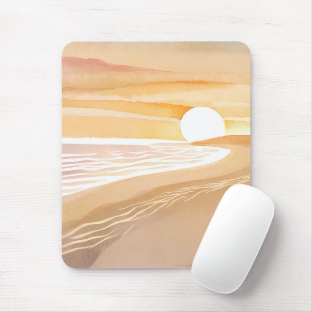 Beach Sunset Watercolor | Beautiful Yellow Ocean Mouse Pad (With Mouse)