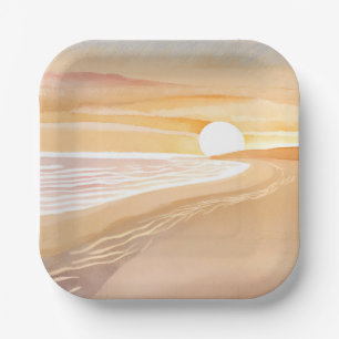 Beach Sunset Watercolor   Beautiful Yellow Painted Paper Plate