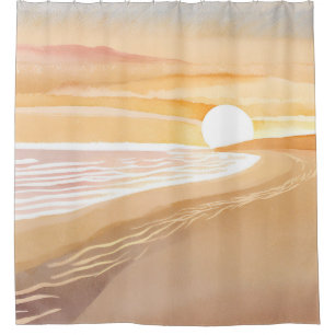 Beach Sunset Watercolor   Beautiful Yellow Shower Curtain