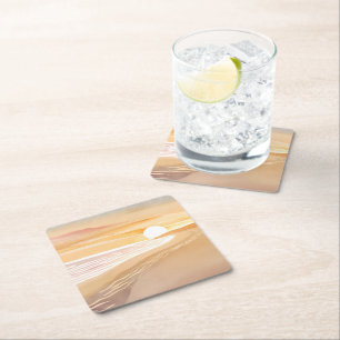 Beach Sunset Watercolor   Beautiful Yellow  Square Paper Coaster