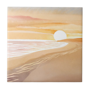 Beach Sunset Watercolor   Beautiful Yellow  Tile