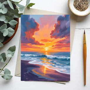 Beach Sunset Watercolor Ocean Painting Postcard