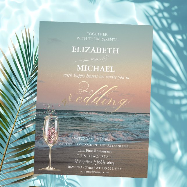 Beach Sunset,Waves,Champagne Glass Gold Wedding  Invitation (Creator Uploaded)
