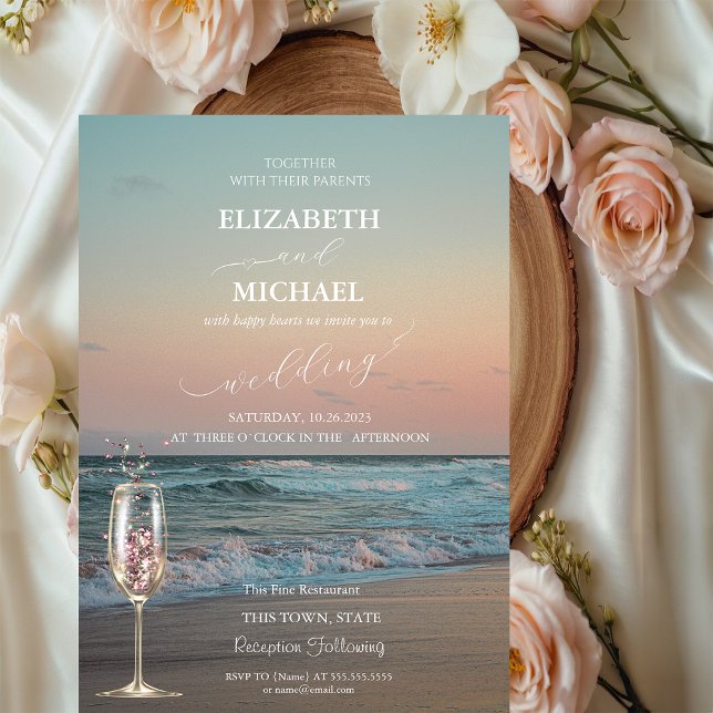Beach Sunset,Waves,Champagne Glass Script Wedding Invitation (Creator Uploaded)