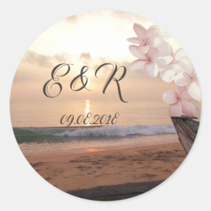 Beach Sunset Wedding Plumeria Classic Round Sticker