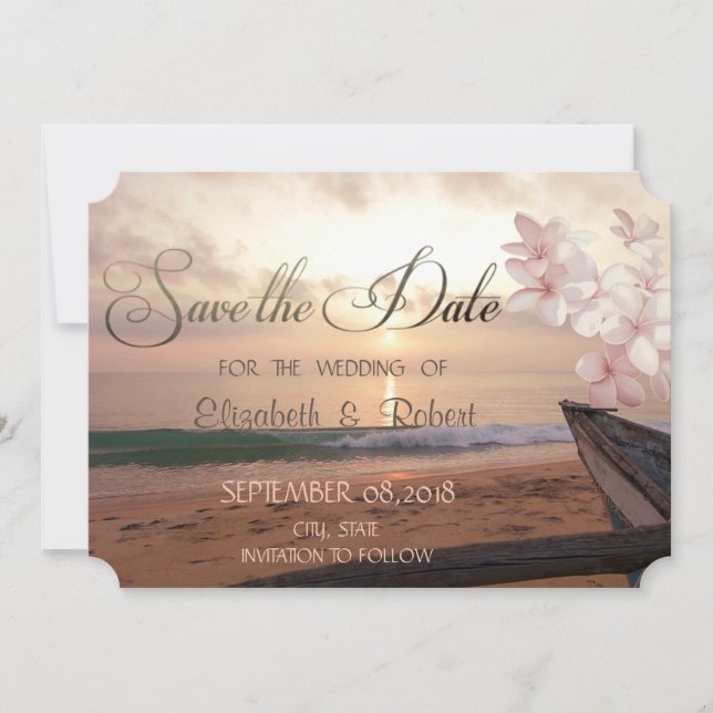 Beach Sunset Wedding,Plumeria   Save The Date (Front)