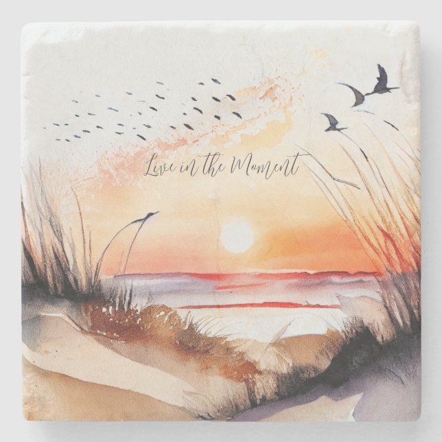 Beach Sunset with Birds Stone Coaster (Front)