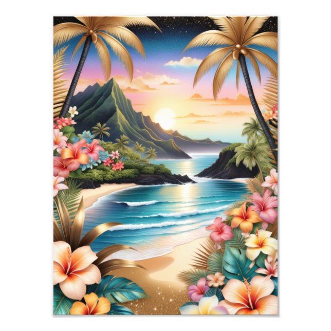Beach Sunset with Palm Trees and Flowers Photo Print (Front)