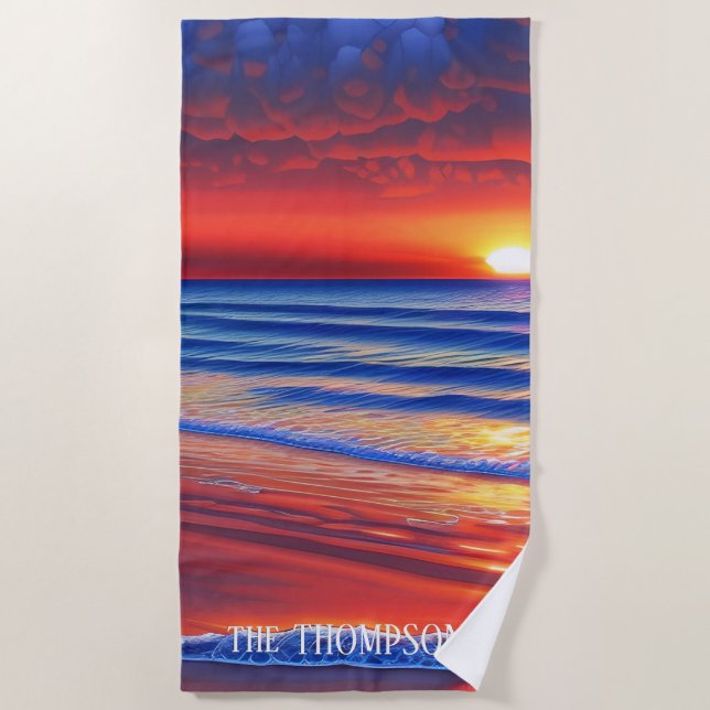 Beach Sunset with Personalised Name  Beach Towel (Front)