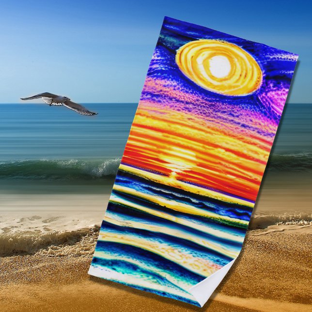 Beach Sunset with Waves & Sun, Orange & Blues Beach Towel (Creator Uploaded)