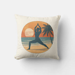 Beach Sunset Yoga Silhouette   Reversible Coastal Cushion