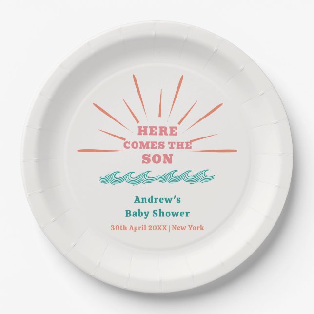 Beach Sunshine Here Comes The Son Baby Shower  Paper Plate (Front)