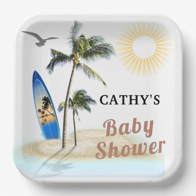 Beach Surf Baby Shower 9" Square Paper Plate (Front)