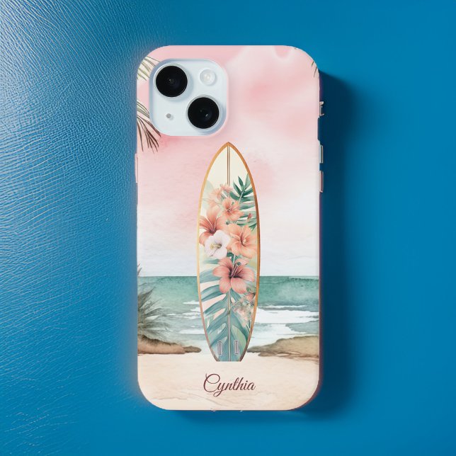 Beach Surfboard Tropical Flowers Island Monogram Case-Mate iPhone Case (Creator Uploaded)