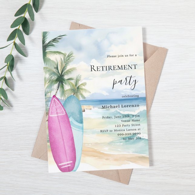 Beach surfboards tropical retirement party invitation (Creator Uploaded)