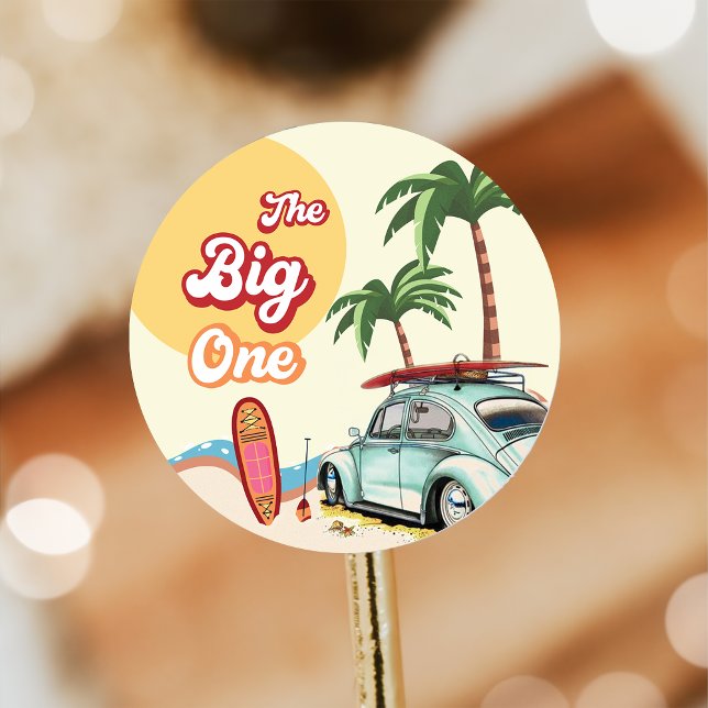 Beach Surfing Birthday Party   Classic Round Sticker (Creator Uploaded)
