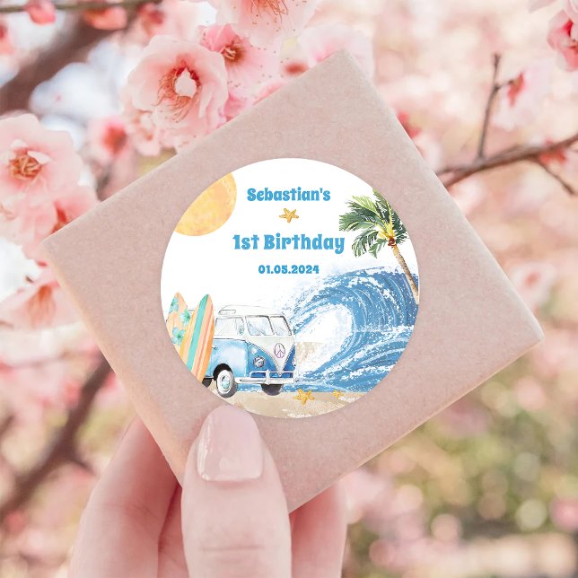 Beach Surfing Birthday Party  Classic Round Sticker (Creator Uploaded)