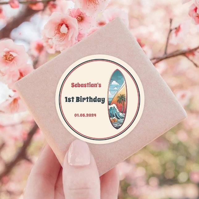 Beach Surfing Birthday Party  Classic Round Sticker (Creator Uploaded)