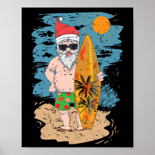 Beach Surfing Santa Funny Summer Hawaii Christmas  Poster