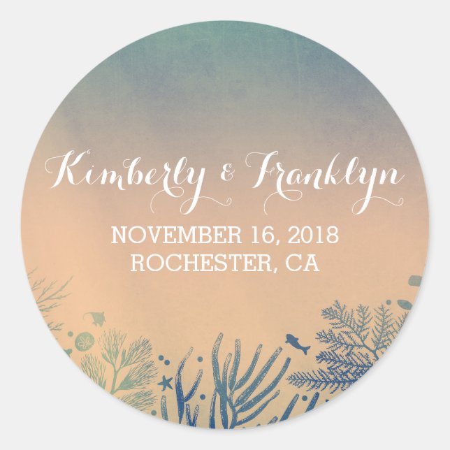 Beach Teal and Blue Underwater Wedding Stickers (Front)
