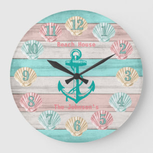Beach Teal and Coral Seashells& Anchor Large Clock