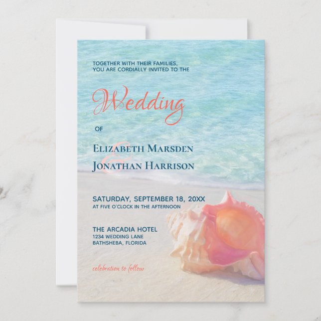 Beach Teal & Coral Conch Shell Destination Wedding Invitation (Front)