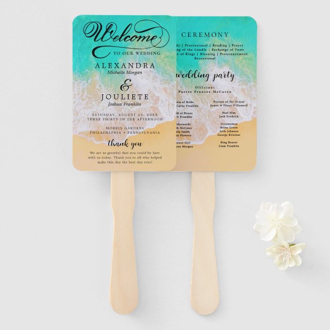 beach | Teal Wedding Program Hand Fan (Front and Back)