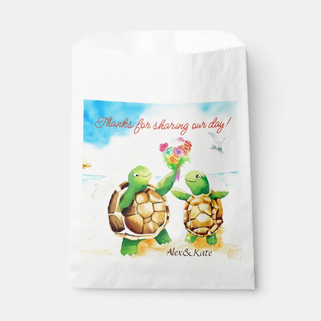Beach Thank You, Cute Turtle Couple Wedding Favour Bags (Front)