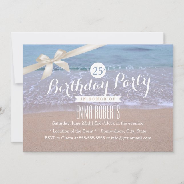 Beach Theme Classy Ivory Ribbon Birthday Party Invitation (Front)