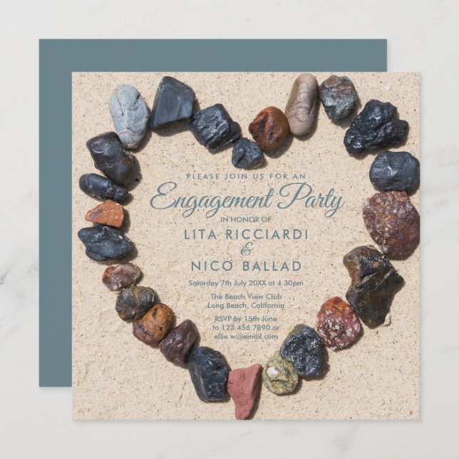 Beach Theme Pebble Heart Engagement Party Invitation (Front/Back)