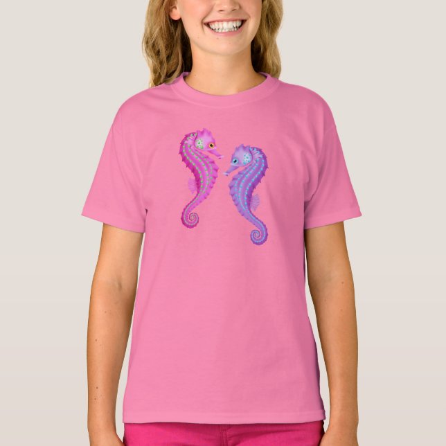Beach Theme Pink and Purple Seahorses T-Shirt (Front)