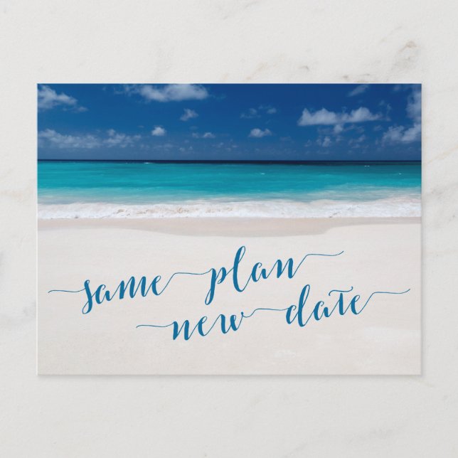 Beach Theme Save The Date Same Plan New Date Announcement Postcard (Front)